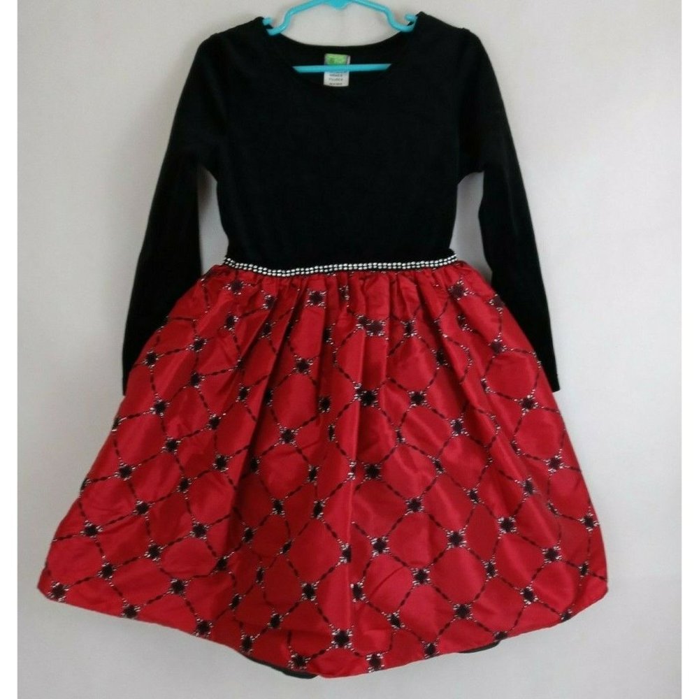 Dollie & Me Black & Red Dress Velvet & Lace With Gems Around Waist Girls Size 6